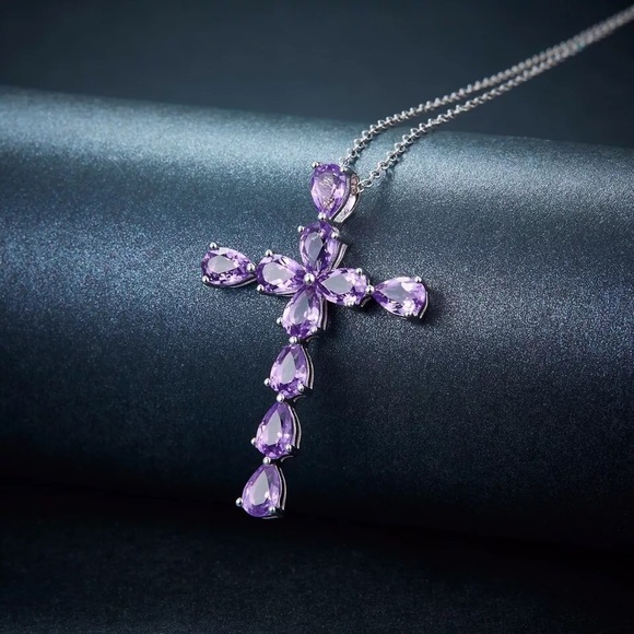 New Sterling Silver 925 Purple Crystal Rosary Cross Necklace - Picture 3 of 4